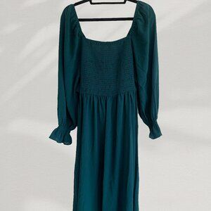 Dark Green Dress | Open Back or Cut Out Front | Long Puff Sleeve | Wrap